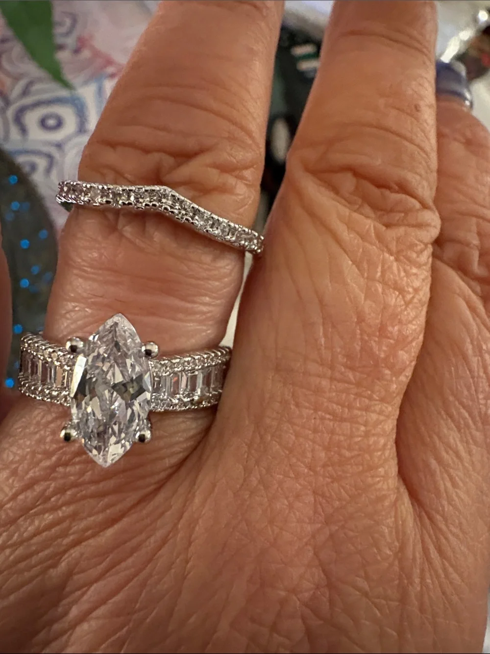 Marquise Cubic Zirconia Solitaire and Band Rhodium. 3ct center CZ